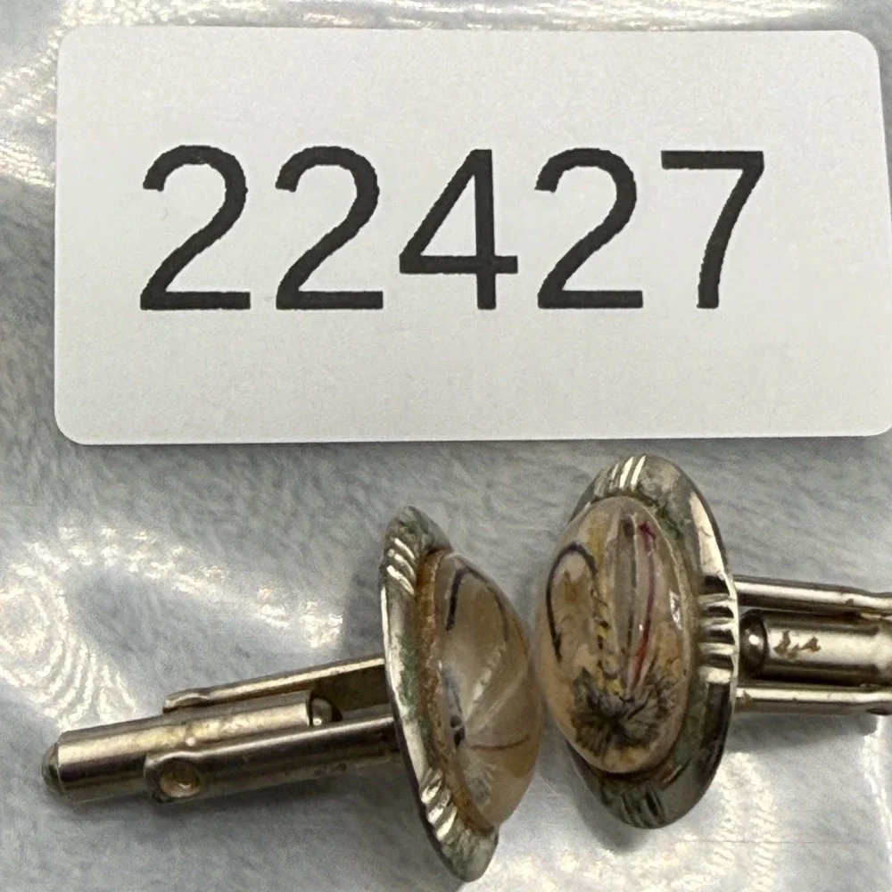 Vintage Estate Cufflinks Fly Fishing Silver Tone Resin‎ Sports Theme